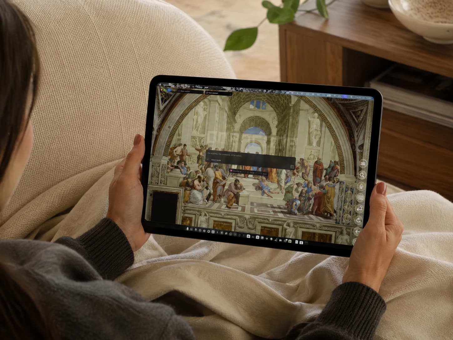 A woman holding an iPad displaying her Mac desktop on a sofa