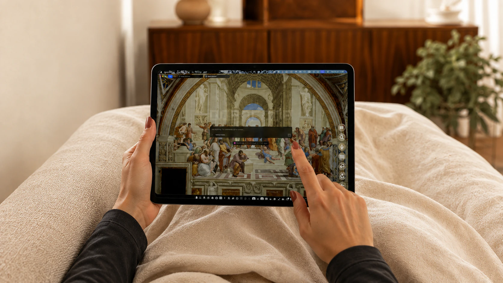 A woman comfortably controlling her Mac from an iPad on the sofa