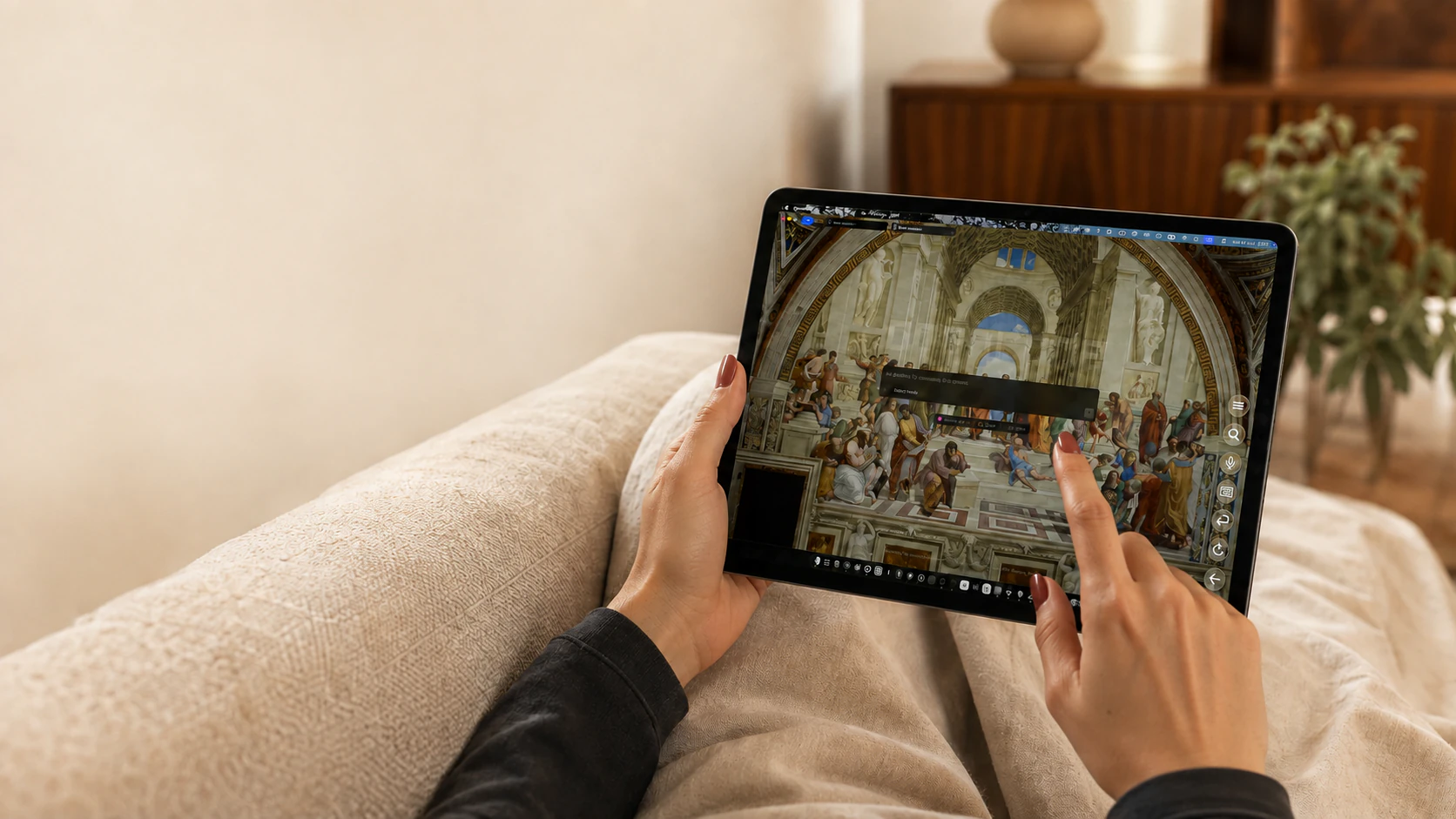 An iPad held comfortably on a sofa, with a fingertip controlling the Mac desktop on its screen